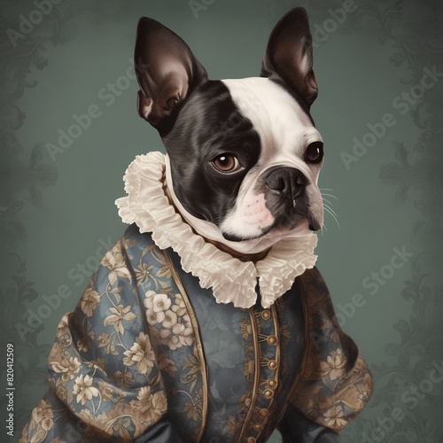 French bulldog in medieval costume. Portrait of a French bulldog on vintage background.