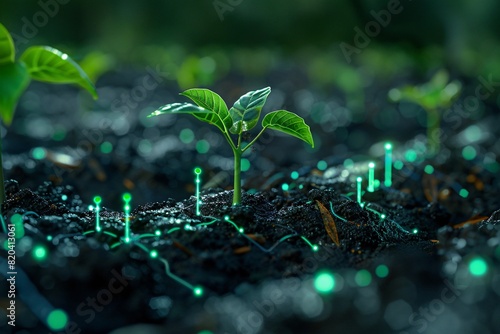Close-up of seedlings growing in soil with glowing technology lines, symbolizing the integration of technology and agriculture for futuristic farming.