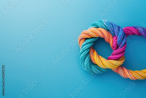 Photo of a colorful rope with an intricate knot on a blue background.