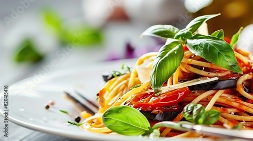 Spaghetti with Tomato Eggplant Sauce - Spaghetti served with tomato sauce with eggplant and other vegetables. Season with herbs such as basil and oregano