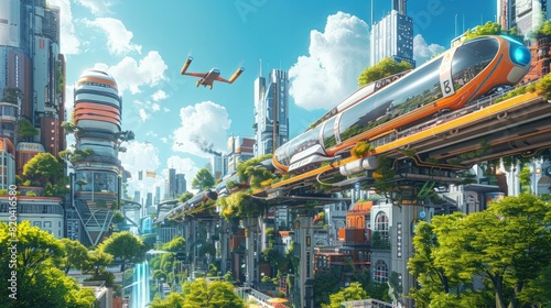Future Mobility: Illustrate a futuristic urban scene with advanced transportation modes like flying cars, electric bikes, and high-speed trains.