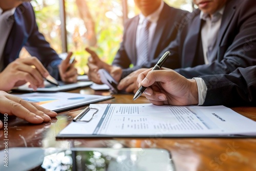 Business partners reviewing a contract document in a meeting.