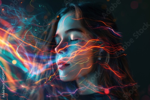 Beautiful woman with closed eyes and colorful energy waves around her head.