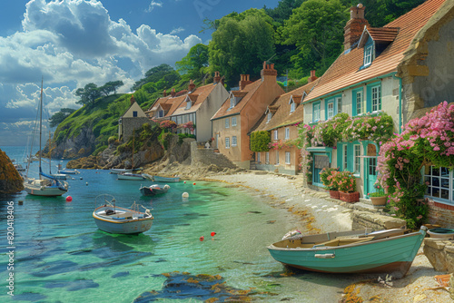 Generate an image of a coastal village nestled in a secluded cove, with colorful fishing boats bobbing in the azure waters and charming cottages with thatched roofs lining the sandy shore