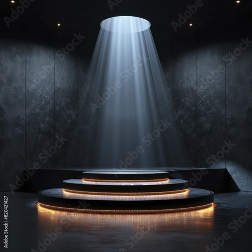 Luxury black themed podium, elegant and sleek, soft spotlight, high-end ambiance