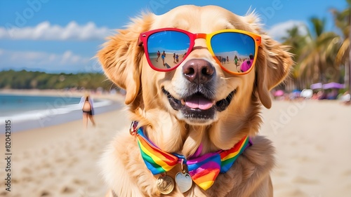 Joyful golden retriever Summertime beach vacationing labrador sporting mirrored multicolored sunglasses. Rainbow flag celebrations during Pride Month with dogs