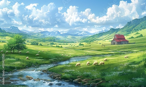 Design a serene countryside scene, with rolling hills, lazy rivers, and grazing sheep near the old barn.