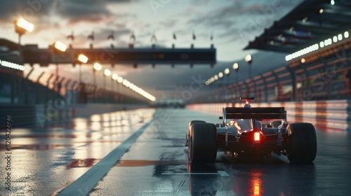 Formula 1 Race Car on Wet Track at Sunset