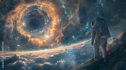 an astronaut looks out over the stars in outer space, while the image is clearly