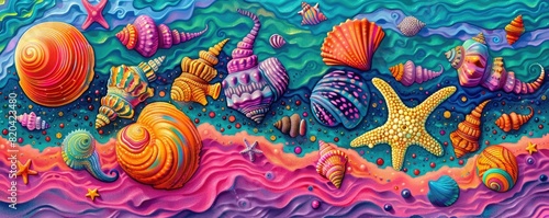 A colorful and whimsical depiction of a coral reef. The reef is home to a variety of marine life.