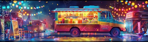 A food truck parked on a street at night