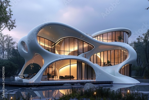 Organic forms meld with futuristic architecture, blurring the lines between nature and technology. 