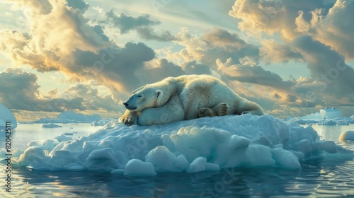 A polar bear is laying on top of a large block of ice
