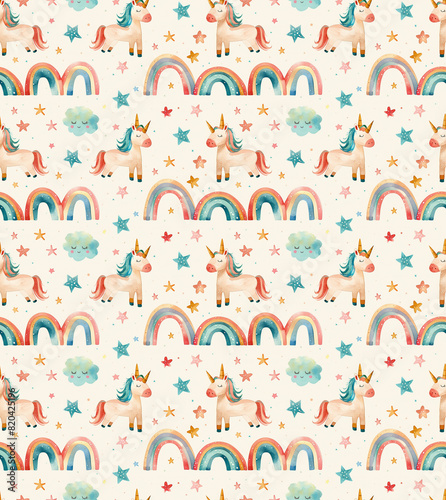 seamless pattern unicorns, rainbows aesthetics for young children Watercolor vintage illustrator. Ideal gor card, wallpaper or fabric, packaging, invitation