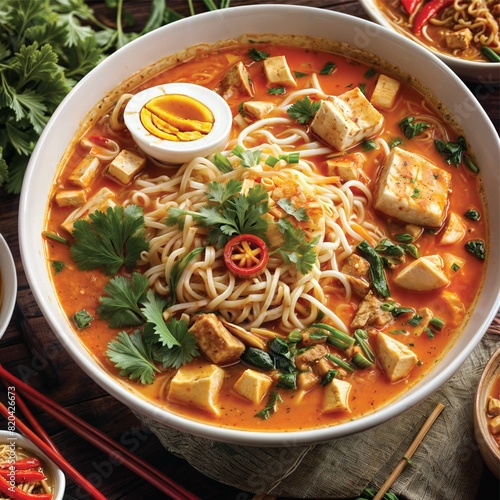 A bowl of Curry Noodles, a popular Malaysian Mee Kari dish, showcases a rich and aromatic curry sauce enveloping a mixture of noodles and hard-boiled eggs. Generative Ai. 