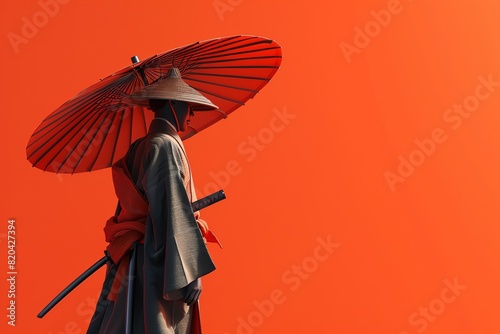 Ronin flat design side view theme feudal Japan 3D render Vivid