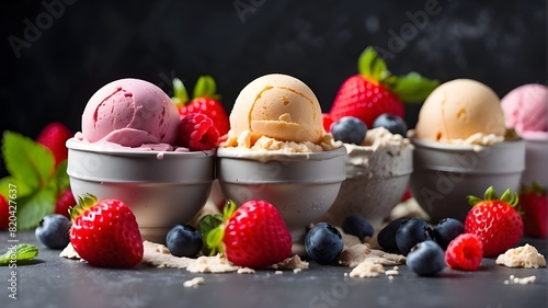 inventive culinary idea. Scoop colorful, pastel gelato ice cream balls in cups set against a green backdrop, strewn with orange, strawberry, blueberry, and raspberry fruits as well as a leaf.