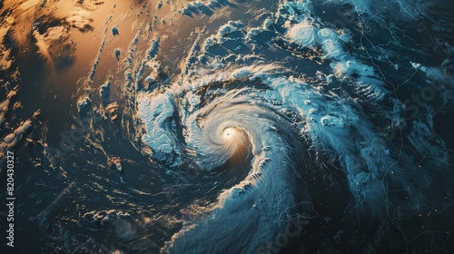 Satellite image showing a hurricane forming over the ocean with swirling clouds and storm patterns.