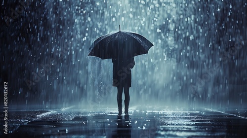 Person under a large umbrella surrounded by heavy rain
