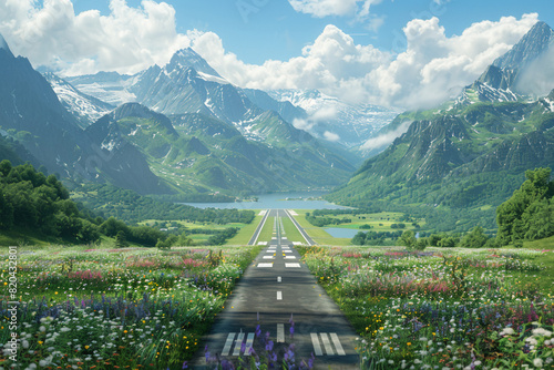 Generate an image of an airport runway winding its way through a lush mountain valley, with wildflowers blooming along the banks of a meandering stream and a tranquil lake nestled at the foot of the s