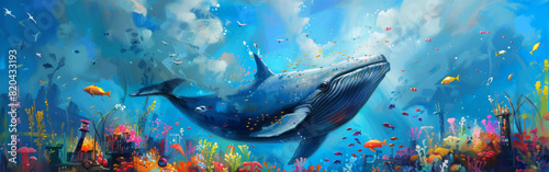 A painting of a whale swimming in a coral reef with many fish