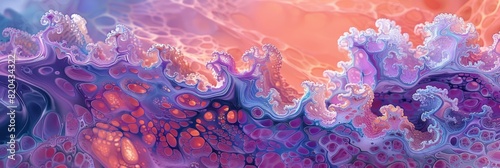 abstract wave painting in pink, pink, purple and blue, in the style of kodak aerochrome, dark cyan and orange, trompe-l'Å“il illusionistic detail, pointillist optical illusions, experimental soundscap