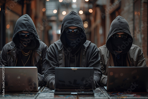 burglar with laptop, Hacker Group in Black Hoodies with Sunglasses 
