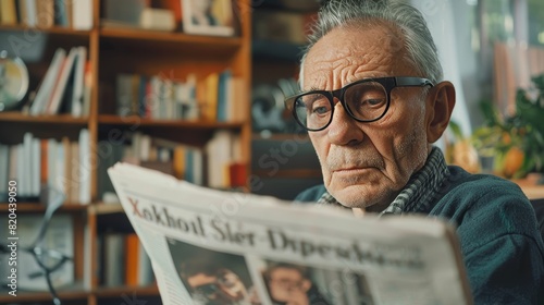 leisure, information, people and mass media concept - senior man in glasses reading newspaper at