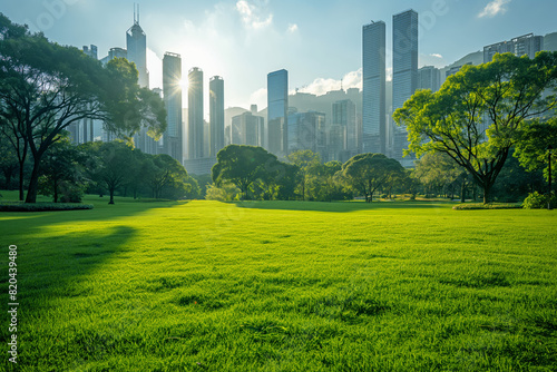 A serene urban park with lush green lawns and tall city skyscrapers in the background glowing in the morning sunlight.