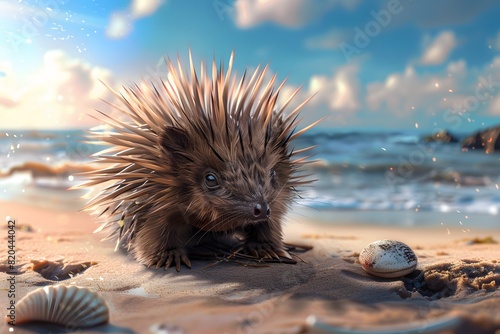 a hedgehog is on the beach