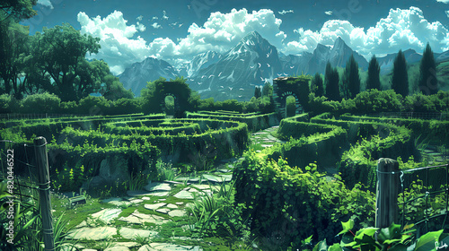 A fantastical garden maze with walls made of intertwined grapevines