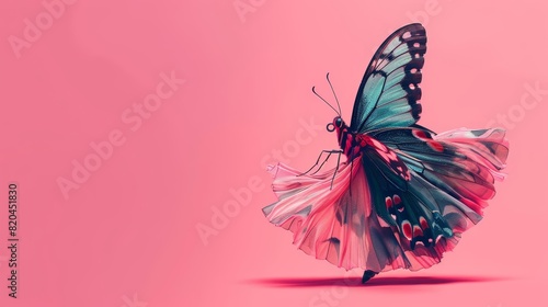 A butterfly in a glamorous evening gown, striking a pose on a runway against a solid pink background with copy space