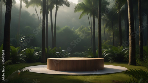 A modern wood podium stage for product design against the backdrop of a tropical forest - generative AI