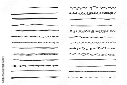 Marker hand drawn line border set and scribble design elements. Hand drawn grunge brush strokes. Set wavy horizontal lines. Set of art brushes for pen. 