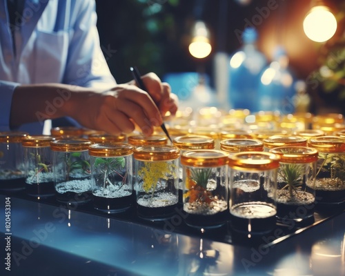 A gloved hand holds a paintbrush and delicately applies pollen to a flower stigma in a laboratory setting.