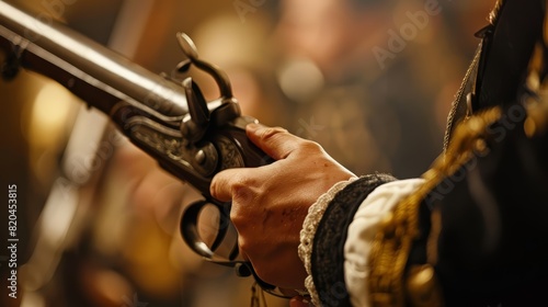 A human hand holding a weapon in a historical armory, evoking a sense of history with a blurred backdrop