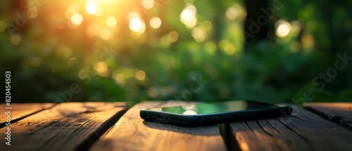 A phone lying on a wooden surface with a slightly blurred background for advertising