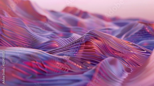 Abstract 3D Image of Digital Waves in Blue and Purple Shades Captured with Wide-Angle Lens. High-Saturation and High-Key Film Effects Enhance Depth and Texture for a Futuristic and Dynamic Visual Expe