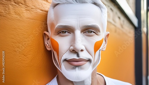 Man with Artistic Face Paint Against Orange Wall