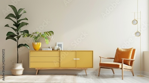 Modern Living Room with Minimalist Furniture, Soft Yellow Accents, Ideal for Chic Home Decor Inspiration