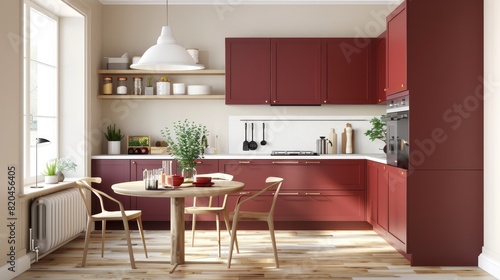 Contemporary Kitchen with Rich Burgundy Cabinets and Spacious Layout, Ideal for Modern Cooking Enthusiasts