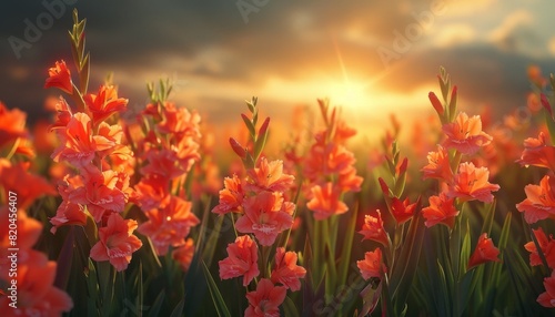 Gladiolus Summer Symphony, Capture the essence of summer with a scene featuring gladiolus flowers swaying gently in the breeze under the warm sunlight