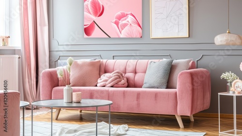 Minimalist Living Room with Soft Pink Accents and Contemporary Design, Perfect for Modern Urban Homes