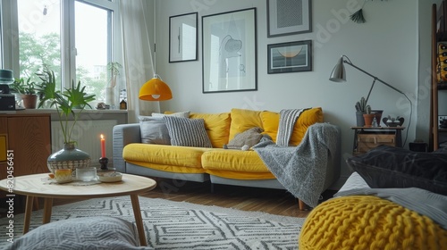 Sunny Living Room with Vibrant Yellow Accents and Modern Aesthetics, Ideal for Cheerful Home Spaces