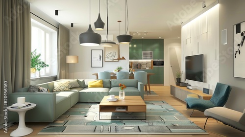 Modern Living Room with Vibrant Teal Sofa and Eclectic Design Elements, Ideal for Bold Home Styling