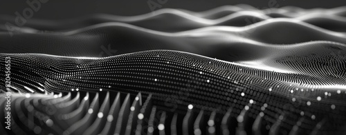 3D render of an abstract black background with digital waves and dots forming a complex structure