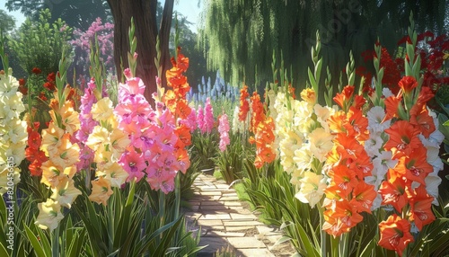 Gladiolus Garden Delight, Highlight a well-tended garden filled with gladiolus blooms in full splendor