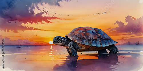 silhouette of a sea turtle sunset for the concept of slow and steady win the race.