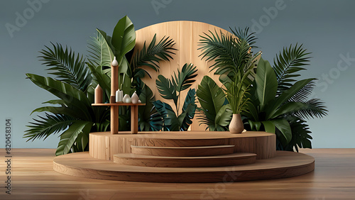  A wood podium stage, surrounded by intricately detailed tropical palm leaves, each rendering with its own unique and interesting stylistic twist background