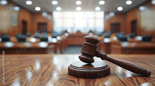 Gavel on courtroom desk with blurred background